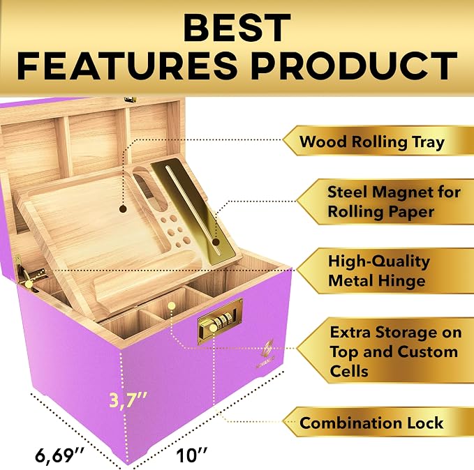 HOVANZO Premium Large Bamboo Storage Box with Removable Tray - Storage Wood Box for Herbs and Accessories - Storage Box Set with Combination Lock - Smell Proof Container with Accessories - Image 4
