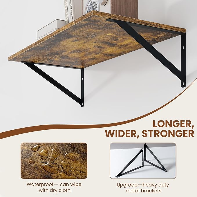 Heimlove Deep Floating Shelves for Wall, 24W x 12D Wood Wall Shelves Set of 2, Wide Floating Bookshelf for Living Room, Kitchen, Office, Bedroom and Decor Storage, with Metal Bracket - Rustic Brown - Image 4