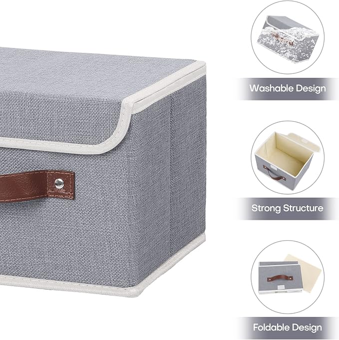 ANMINY Storage Bin with Lid Storage Boxes with PU Leather Handles PP Plastic Board Decorative Foldable Lidded Cotton Linen Fabric Home Cubes Baskets Closet Organizer Container - Gray, Small Size - Image 4