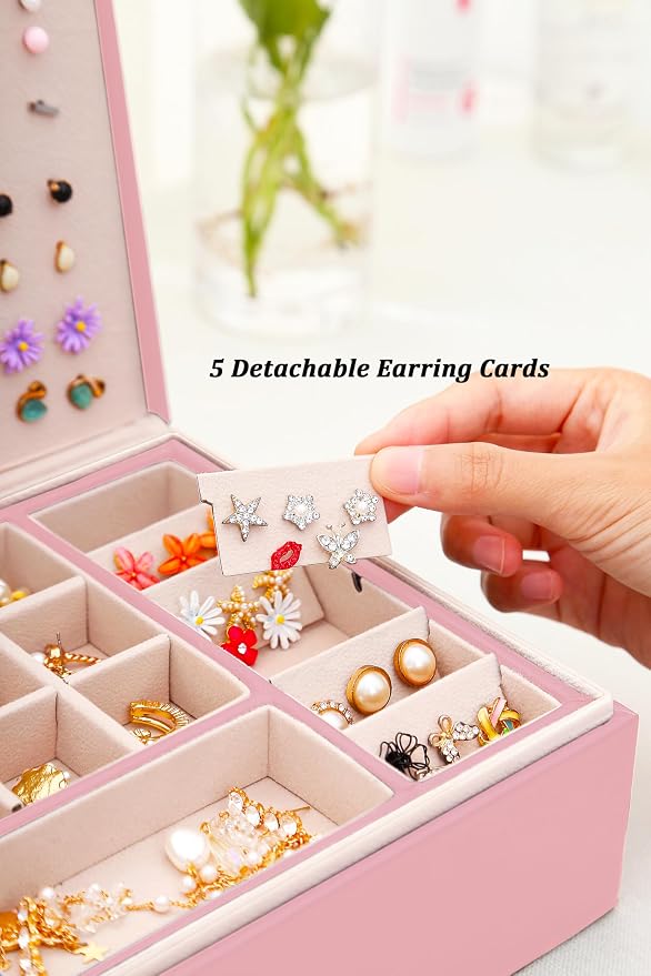 QBestry Girls Jewelry Box Earring Holder Organizer for Girls Earring Organizer Teen Jewelry Box Organizer for Girl Pink jewelry Boxes for Earrings Necklaces Rings Stud Earrings Box Organizers Teens - Image 5