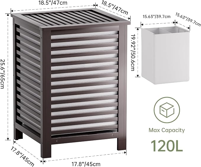 SMIBUY Double Laundry Hamper with Lid, 120L Bamboo Laundry Basket with Removable Liner Bag, 2-Section Clothes Divider Laundry Sorter for Laundry Room, Bathroom, Bedroom (Dark Brown) - Image 4