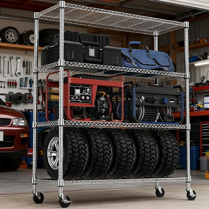 M MZG 1400LBS 47.2" W 4 Tiers Storage Shelves Metal Shelving Unit with Wheels Heavy Duty Garage Shelving Adjustable Wire Shelves for Pantry,Kitchen,Garage,Basement,Chrome 17.7" D x 47.2" W x 62.6" H - Image 7