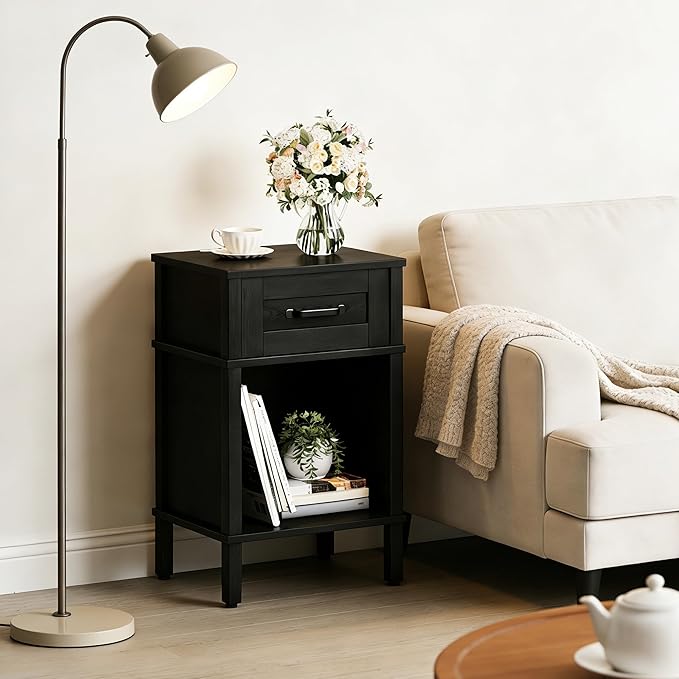 Farmhouse Nightstand with Drawer, Small Wood Side Table, Wooden Bedroom Nightstand, Wood Night Stand, Black Bedside Table with Storage, Black End Table for Living Room LET512B