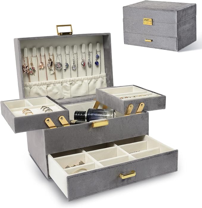 Dajasan Jewelry Organizer Box, Large Velvet Jewelry Boxes for Women Girls, Space-Saving 3 Layers Jewelry Storage Case with Drawer, Movable Metal Stand, Modern, Gift Idea (Grey) by DAJASAN