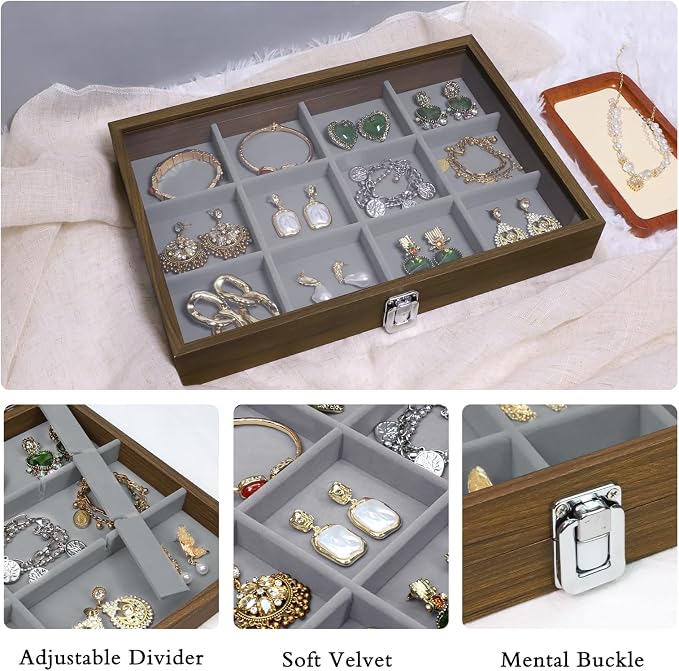 Stratalife Bracelet Organizer Wood Jewelry Box Vintage Jewelry Organizer Bangle Storage Tray with Clear Lid for Drawers Women 12 Grid - Image 3