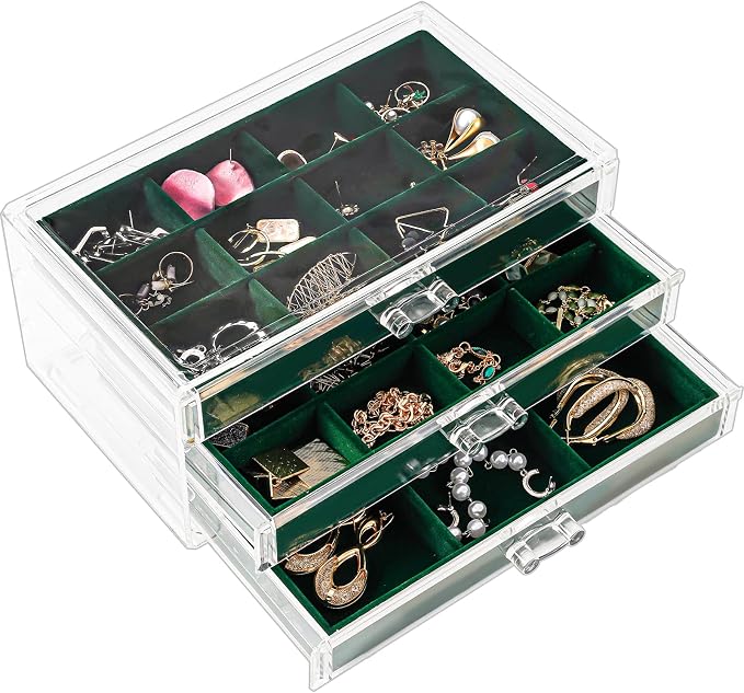 ProCase Earring Holder Organizer Jewelry Box with 3 Drawers, Acrylic Clear Earring Case with Adjustable Velvet Trays for Women - Emerald, 3 Layers by ProCase