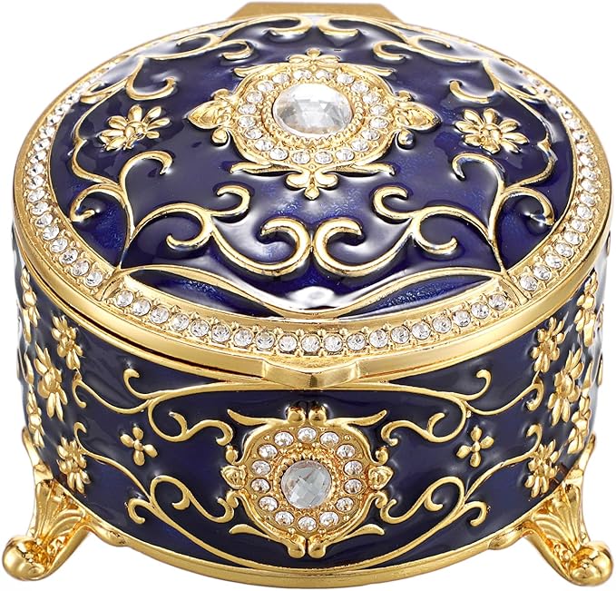 Hipiwe Vintage Jewelry Box Round Metal Treasure Chest Box Enameled Jewelry Trinket Box for Ring Earrings Necklace,Sparkling Keepsake Box Gift for Birthday Christmas,Blue by Hipiwe
