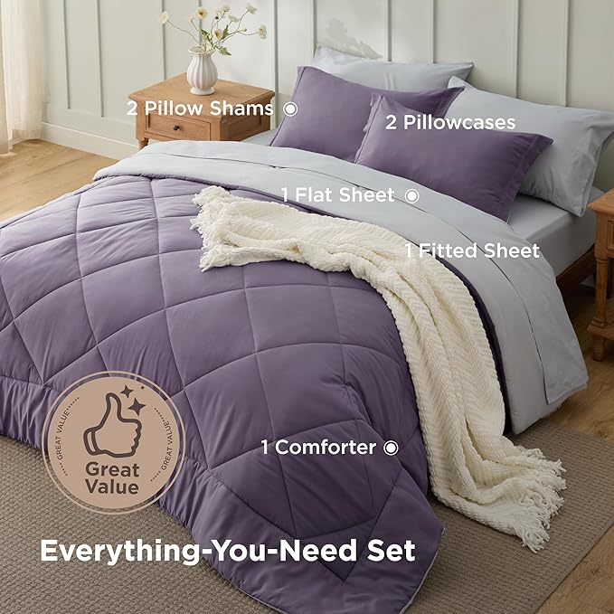 Bedsure Full Size Comforter Set - 7 Pieces Reversible Grayish Purple Bedding, Full Size Bed Set for All Seasons, Bed in a Bag with Down Alternative Comforter, Sheets, Pillowcases & Shams