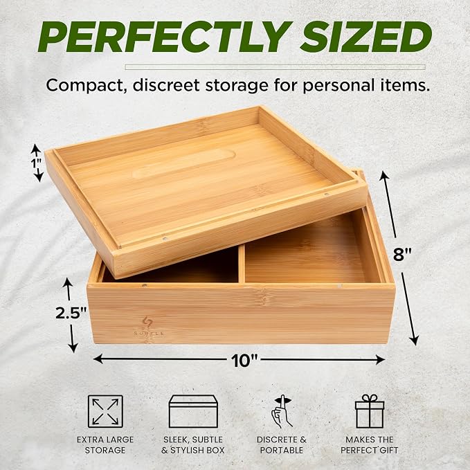 Subtle Rolling Tray Stash Box - Large Bamboo Box w/Ample Storage Space to Organize Herb Accessories - Comes with Convertible Rolling Tray Lid - (10" x 8" x 3.5") - Image 2
