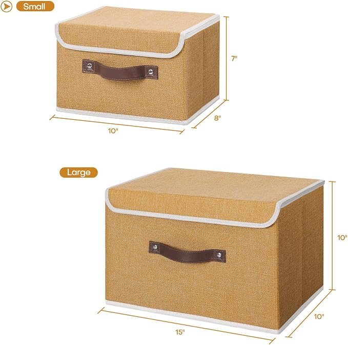ANMINY Storage Bin with Lid Storage Boxes with PU Leather Handles PP Plastic Board Decorative Foldable Lidded Cotton Linen Fabric Home Cubes Baskets Closet Organizer Container - Khaki, Small Size - Image 5