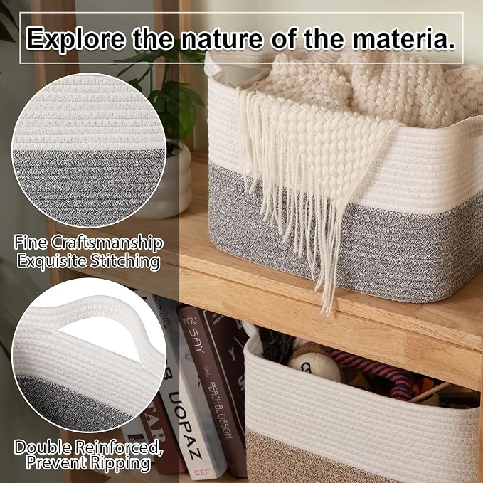 OIAHOMY Woven Storage Basket for Shelves, Rectangle Cotton Rope Baskets for Organizing, 16 x 12 x 10 in, Storage Bins for Dog Toys,Towel,Books,Gift,Grey and White - Image 5