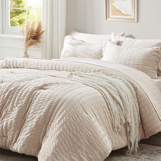 Zzlpp Full Comforter Set 7 Pieces, Beige Seersucker Bed in a Bag with Comforter and Sheets, All Season Bedding Sets with 1 Comforter, 2 Pillow Shams, 2 Pillowcases, 1 Flat Sheet, 1 Fitted Sheet