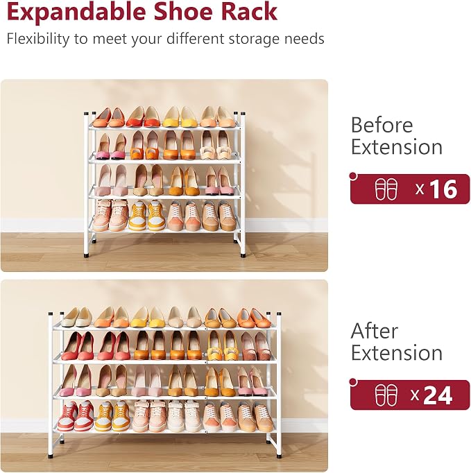Tajsoon Expandable Shoe Rack for Closet 4 Tier, 29“-41“Adjustable & Stackable Shoe Shelf Storage, Metal Shoe Rack Organizer for Front Door Entrance, Closet, Garage, Entryway, White - Image 7