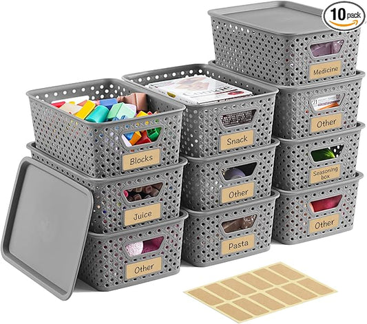 10 Pack Small Plastic Storage Bins with Lids, Stackable Plastic Storage Baskets for Organizing with Handles, Organizer Bins with Labels for Room,Craft,Containers for Pantry Organizers and Storage,Grey by Unknown