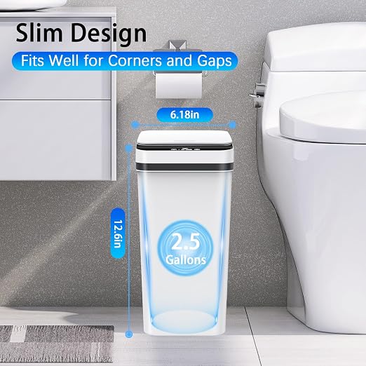 3 Pack Automatic Small Bathroom Trash Can with Lid - 2.5 Gallon Touchless Garbage Can, Motion Sensor Smart Trash Bin, Slim Dog Proof Trashcan, Waterproof Wastebasket for Bedroom Office Kitchen (White) - Image 3