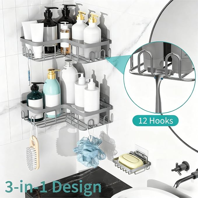 Moforoco Corner Shower Caddy Shelf Organizer Rack, Self Adhesive Grey Bathroom Shelves Basket, Home Wall Shower Inside Organization and Storage Decor RV Accessories, First Apartment Essentials - Image 2