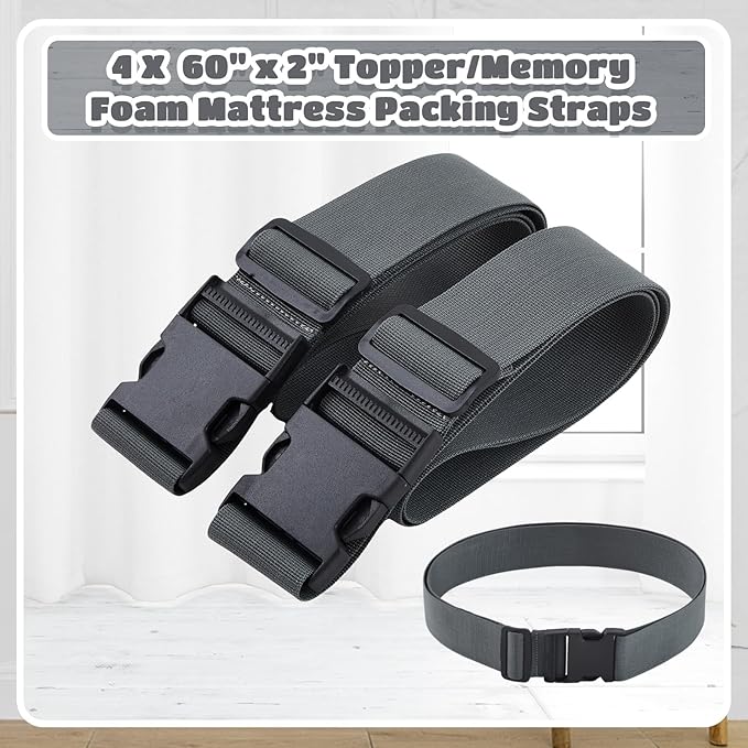 4 Pcs 60" x 2" Mattress Topper Straps Adjustable Memory Foam Packing Straps with Buckles for Home Mattress Moving or Storage, Dark Grey