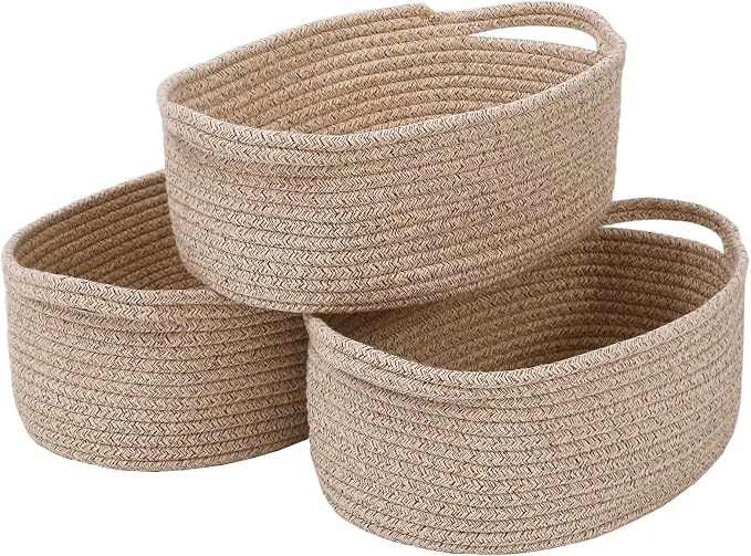 JMvicyroam Woven Basket,Small Rope Storage Bin with Handles & Ribbon Bag, Organizer for Shelves Closets,Gift Basket Empty for Birthday,Books,Dog Toys,Oatmeal/3 Pack by JMvicyroam