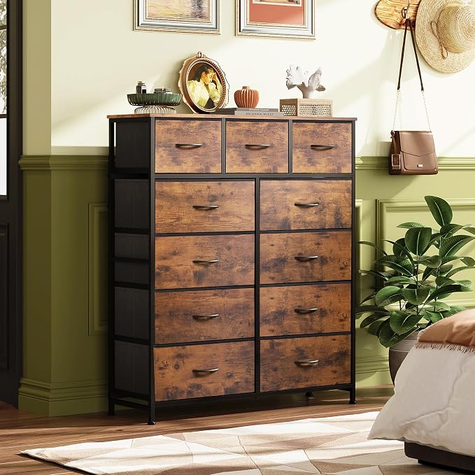 WLIVE Tall Dresser for Bedroom, Fabric Dressers Storage Tower, Dresser & Chest of Drawers Organizer Unit with 11 Drawers, Storage Cabinet, Hallway, Closets, Steel Frame, Wood Top, Rustic Brown - Image 4