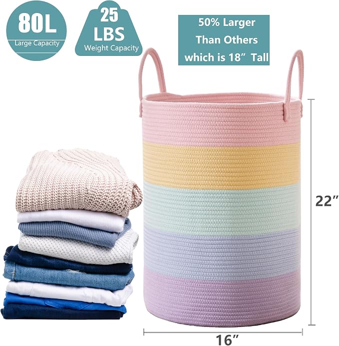 80L Extra Large Rainbow Laundry Hamper for Baby Girls Clothes Tall Woven Laundry Basket for Kids Nursery Toy in Playroom Blanket Basket for Living Room Bedroom 16"D x 22"H Pastel Unicorn - Image 3