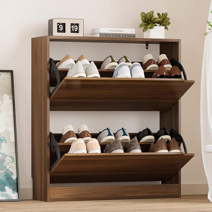 BORNOON Shoe Cabinet with 2 Flip Drawers, Slim Narrow Shoe Storage Cabinet, Freestanding Shoe Organizer with Adjustable & Removable Shelves, Top Display Shelf for Entryway, Hallway, Foyer, Closet by BORNOON
