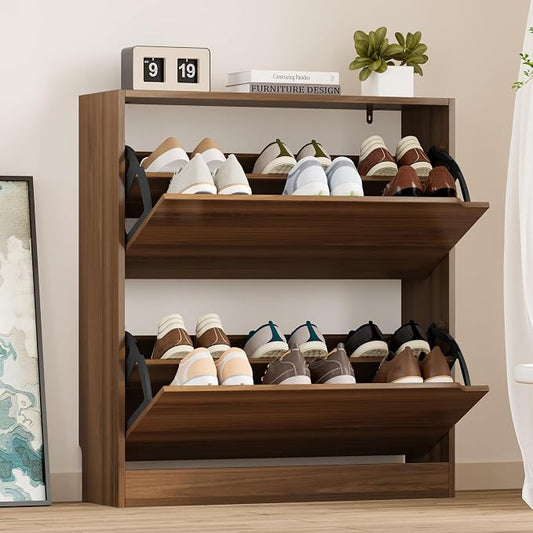 BORNOON Shoe Cabinet with 2 Flip Drawers, Slim Narrow Shoe Storage Cabinet, Freestanding Shoe Organizer with Adjustable & Removable Shelves, Top Display Shelf for Entryway, Hallway, Foyer, Closet by BORNOON