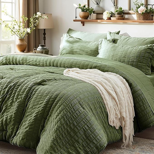 Zzlpp Full Comforter Set 7 Pieces, Olive Green Seersucker Bed in a Bag with Comforter and Sheets, All Season Bedding Sets with 1 Comforter, 2 Pillow Shams, 2 Pillowcases, 1 Flat Sheet, 1 Fitted Sheet