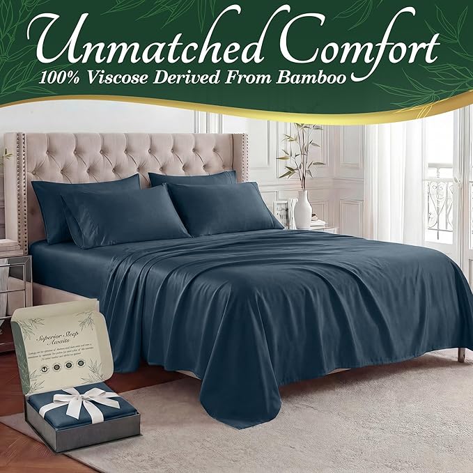 DECOLURE 100% Viscose Derived from Bamboo Sheets Queen Size - Luxury 6 Pc Naturally Cooling Sheets, Ultra Soft Bed Set - Deep 17" Pockets, Durable Double Stitching, Oeko Tex Standard (Navy Blue)