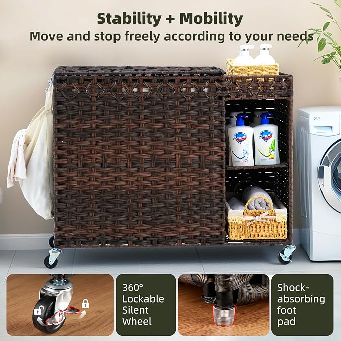 Laundry Hamper with Lid, 160L Rattan Wicker Laundry Basket with Wheels, Handwoven Laundry Hamper 3-Section with Storage shelf(42.3 Gal), Laundry Sorter Basket with Removable Liner,Brown HLH033BR - Image 7