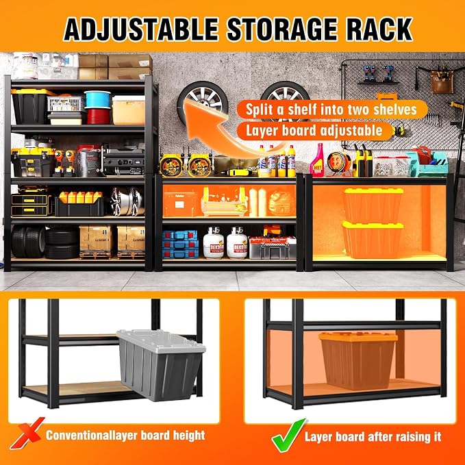 71.2''H Storage Shelves, 2500lbs Garage Shelving,Adjustable Heavy Duty Shelving Unit,5T Tall Garage Shelves，Wood Metal Standing Shelf Units,Utility Rack for Kitchen 71.2''H*31.5''W*13.8''D - Image 4