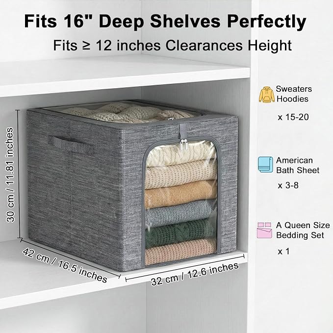 GoMaihe Clothes Storage Bin with Metal Frame: 6-Pack Stackable Closet Storage Bin with Lid & Clear Window, Sweater Boxes Storage for Closet Bedding Clothing Storage Organizer 40L - Image 3