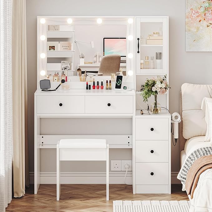 UGTOO White Vanity Table with Drawer Dresser, Farmhouse Vanity Makeup Desk with Charging Station, Vanity Desk with Lights Mirror & Drawers for Makeup, Vanity Desk with Storage Shelf & 5 Drawers