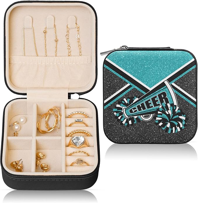 Cheerleader Travel Jewelry Case, Cheer Travel Jewelry Box for Women, Mini Jewelry Travel Case for Cheer Team, Cheerleader Gifts for Girls (Teal) by Corxiren