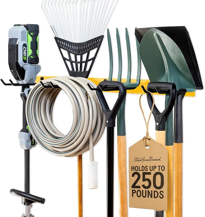 StoreYourBoard 36" Garage Tool Organizer Wall Mount | Garden Tool Organizer System | Heavy Duty Garden Tool Storage Rack for Yard Tools Rakes Shovels 250lbs Garage Organization | 4 PVC Coated Hooks by StoreYourBoard