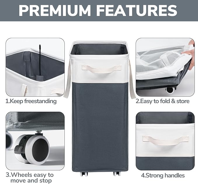 Goodpick Laundry Baskets 2-Pack, 75L Hamper with Wheels, Foldable Laundry Baskets with Removable Wash Bags, Rolling Laundry Hamper for Corner Dorm, Slim Laundry Basket, Grey&White - Image 4