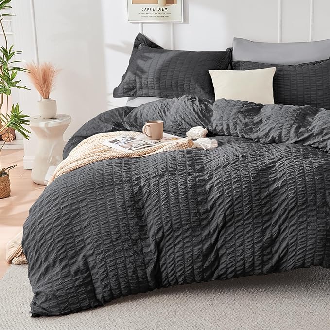 HYMOKEGE Dark Grey/Light Grey Twin XL Comforter Set Seersucker 5 Pieces, All Season Luxury Bed in a Bag for Bedroom, Bedding Set with Comforter, Sheets, Pillowcase & Sham