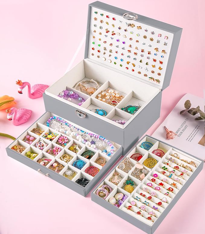 QBestry Earring Jewelry Box for Women Girls Stud Organizers, 5 Layers Grey Jewelry Organizer Box with Lock Necklaces and Earrings Holder Jewelry Box with Earring Organizer for Women Girls Xmas Gifts - Image 3