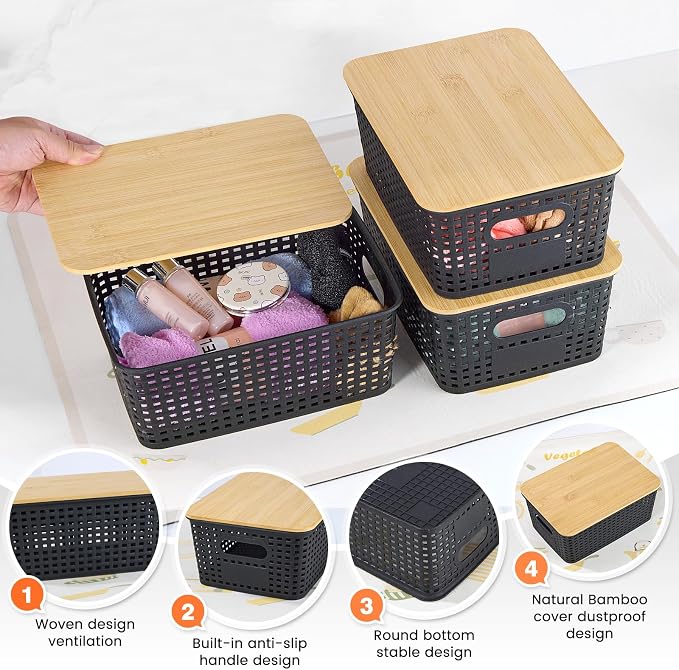 Ohmlove Plastic Storage Baskets With Bamboo Lid - Plastic Storage Containers Stackable Storage bins: Storage Baskets for Organizing Shelves Drawers Desktop Closet Playroom Classroom Office, 6 Pack - Image 3