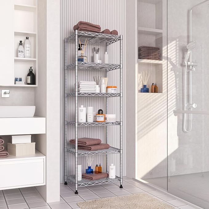 GIOTORENT 6-Tier Storage Shelves Standing Shelving Metal Units, Adjustable Height Wire Shelf Display Rack for Pantry Laundry Bathroom Kitchen 16.6” x 11.8” x 63”, Silver - Image 6