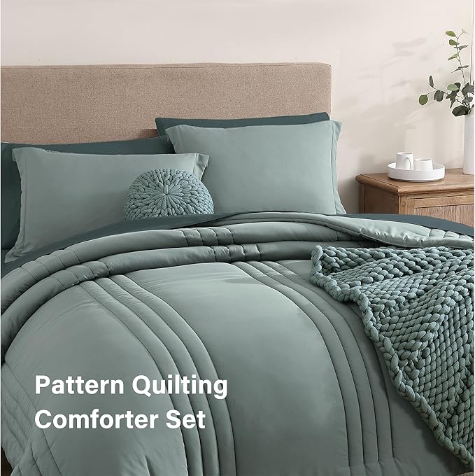 Monbix Twin XL Size Comforter Set - Extra Long 5 Pieces Dorm Bedding Sets, Quilting Design Fluffy Bed in a Bag Twin XL with Sheets, Pillowcase & Sham (Sage Green)