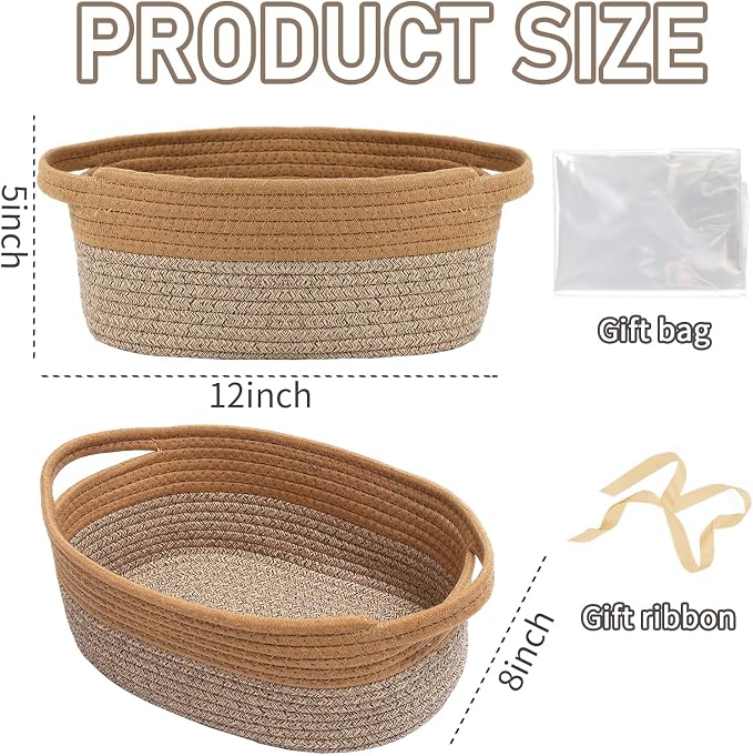 JMvicyroam Woven Basket,Small Rope Storage Bin with Handles & Ribbon Bag, Organizer for Shelves Closets,Gift Basket Empty for Birthday,Books,Dog Toys, Jute&Brown/3 Pack - Image 2