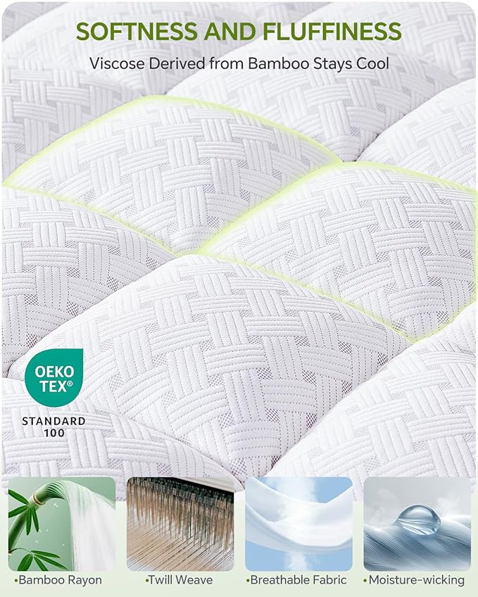 3 Inch Mattress Topper Queen,Pillow Top Mattress Topper with Bamboo Rayon Cover,Breathable Mesh Side Mattress Pad,21" Deep Pocket,Soft Support for Queen Size Memory Foam Mattress Bed Topper