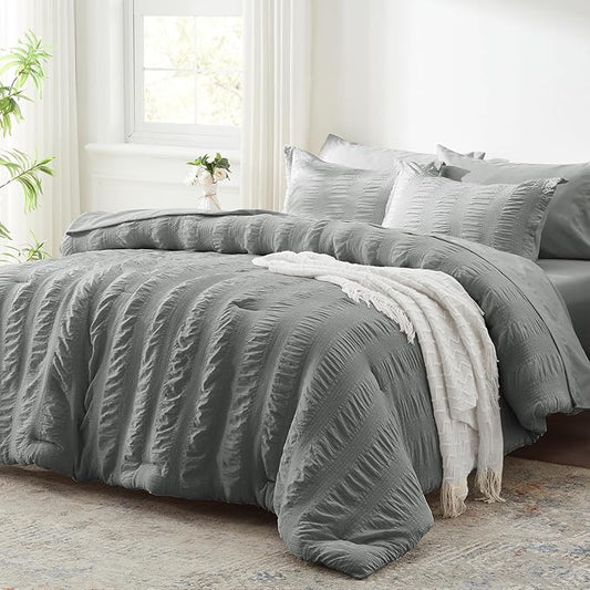 Zzlpp Full Comforter Set 7 Pieces, Grey Seersucker Bed in a Bag with Comforter and Sheets, All Season Bedding Sets with 1 Comforter, 2 Pillow Shams, 2 Pillowcases, 1 Flat Sheet, 1 Fitted Sheet