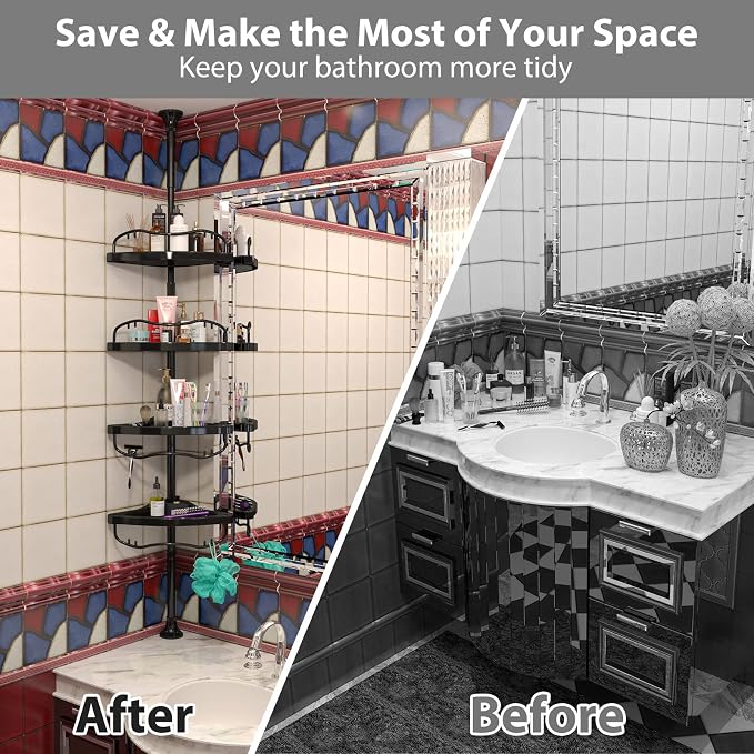 Shower Caddy,Shower Caddy Tension Pole with 4 ABS Baskets,Shower Storage Shelf with 56 to 125 Inch Adjustable Stainless Pole for Bathroom Black - Image 6