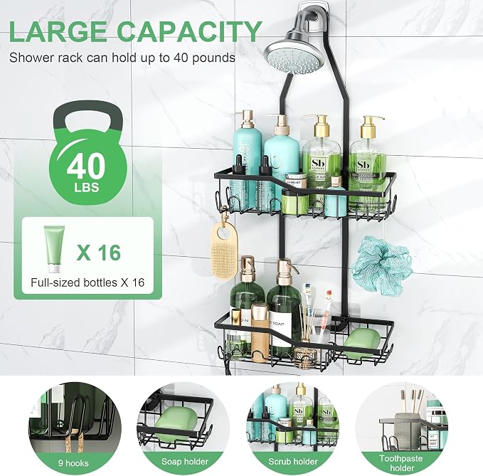 Shower Caddy Hanging,Rustproof Anti-Swing Shower Organizer,2 Tier Hanging Bathroom Caddy Anti-swing and Non-slip,Bathroom Organizer with 18 Hooks for Razor/Sponge - Image 3