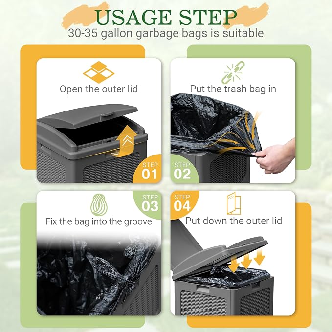 Greesum 33 Gallon Outdoor Trash Can with Lid, Waterproof Resin Garbage Bin for Hideaway, Deck, Patio, Gray - Image 2