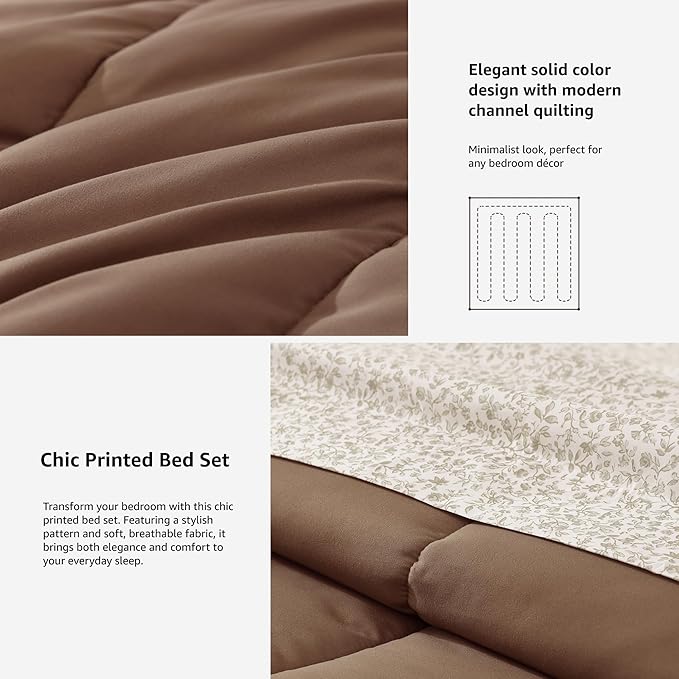 Monbix Full Comforter Set - 7 Pieces Brown Bed in a Bag Full Size Track Stitching Bedding Sets, All Seasons Comforter with Sheets, Pillowcases & Shams