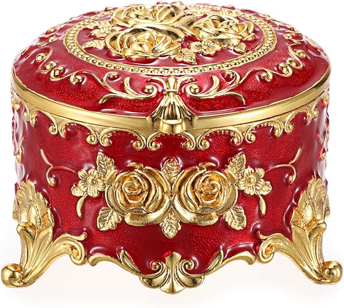 Hipiwe Vintage Metal Jewelry Box - Small Trinket Organizer Ring Box Case with Rose Pattern Jewelry Storage Box for Ring Earrings Necklace, Keepsake Box for Women,Red by Hipiwe