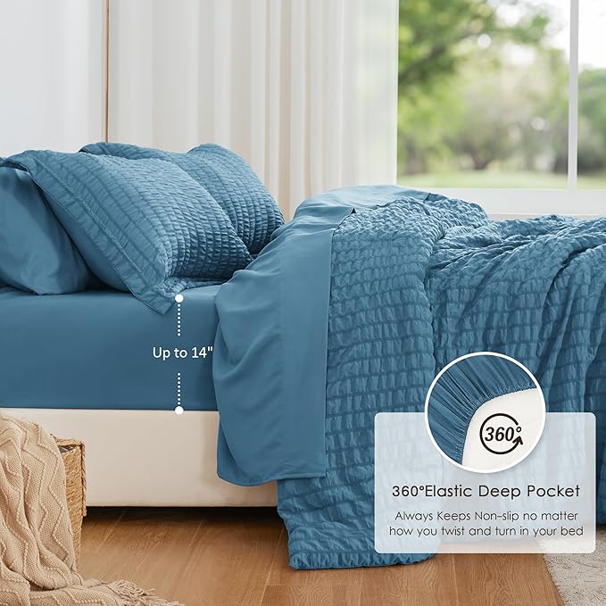 Love's cabin Seersucker Misty Blue Twin Comforter Set, 5-Piece All Season Lightweight Bed in a Bag Bedding Set with Comforter, Flat Sheet, Fitted Sheet, Pillowcase and Sham | Soft, Breathable, Lightweight
