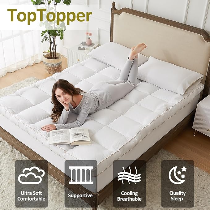 Mattress Topper Queen, Cooling Mattress Pad Cover for Hot Sleepers, Extra Thick 5D Snow Down Alternative Overfilled Plush Pillow Top with 8-21 Inch Deep Pocket -60"x80" Cream White